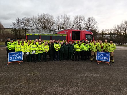 Photograph of the Green Fledgling exercise participants including paramedics, Cumbria Constabulary student police officers, and Lancashire Fire and Rescue Service.