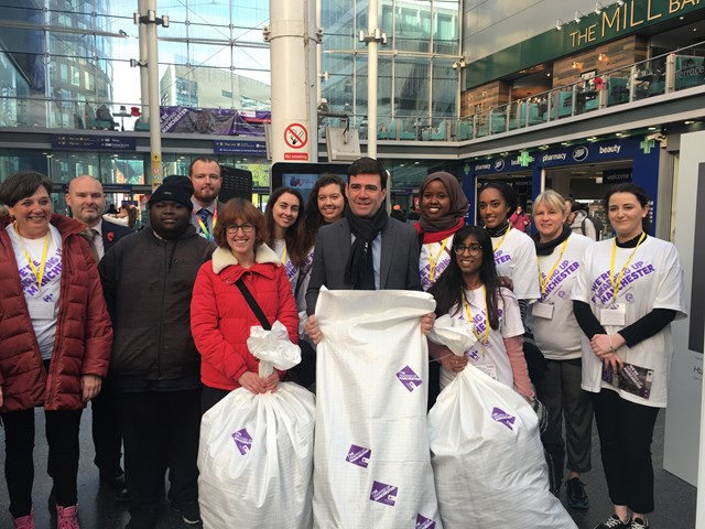 Manchester Piccadilly hosts week of events to help the city’s homeless this winter: Greater Manchester Mayor Andy Burnham at launch of 'Wrap up Manchester' outside Manchester Piccadilly station on 12 November 2018