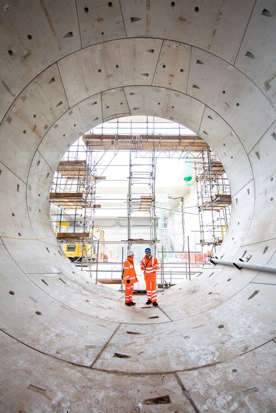 Long Itchington Wood Tunnel, December 2022: Mark Harper MP, Secretary of State for Transport, joined HS2 Ltd CEO Mark Thurston for a drive-through of the first bored tunnel at Long Itchington in Warwickshire.