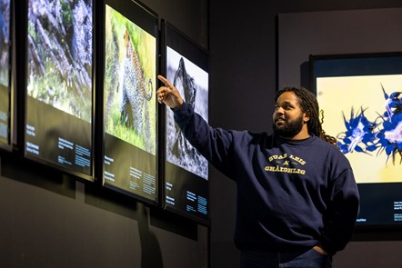 Wildlife cameraman and presenter Hamza Yassin explores the new exhibition, Wildlife Photographer of the Year, with Keeper of Natural Sciences Nick Fraser before it opens on Saturday 20 January at the National Museum of Scotland. Image © Duncan McGlynn