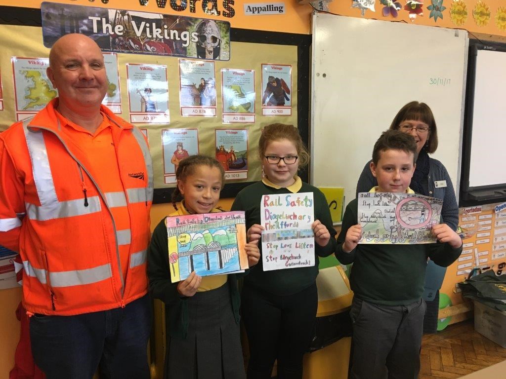 Christmas comes early for rail safety poster winners: 1st, 2nd and 3rd prize winners from Ysgol  Y Traeth in Barmouth