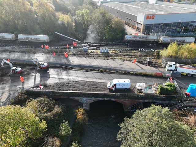 Aerial shot of the damaged bridge over the River Petteril