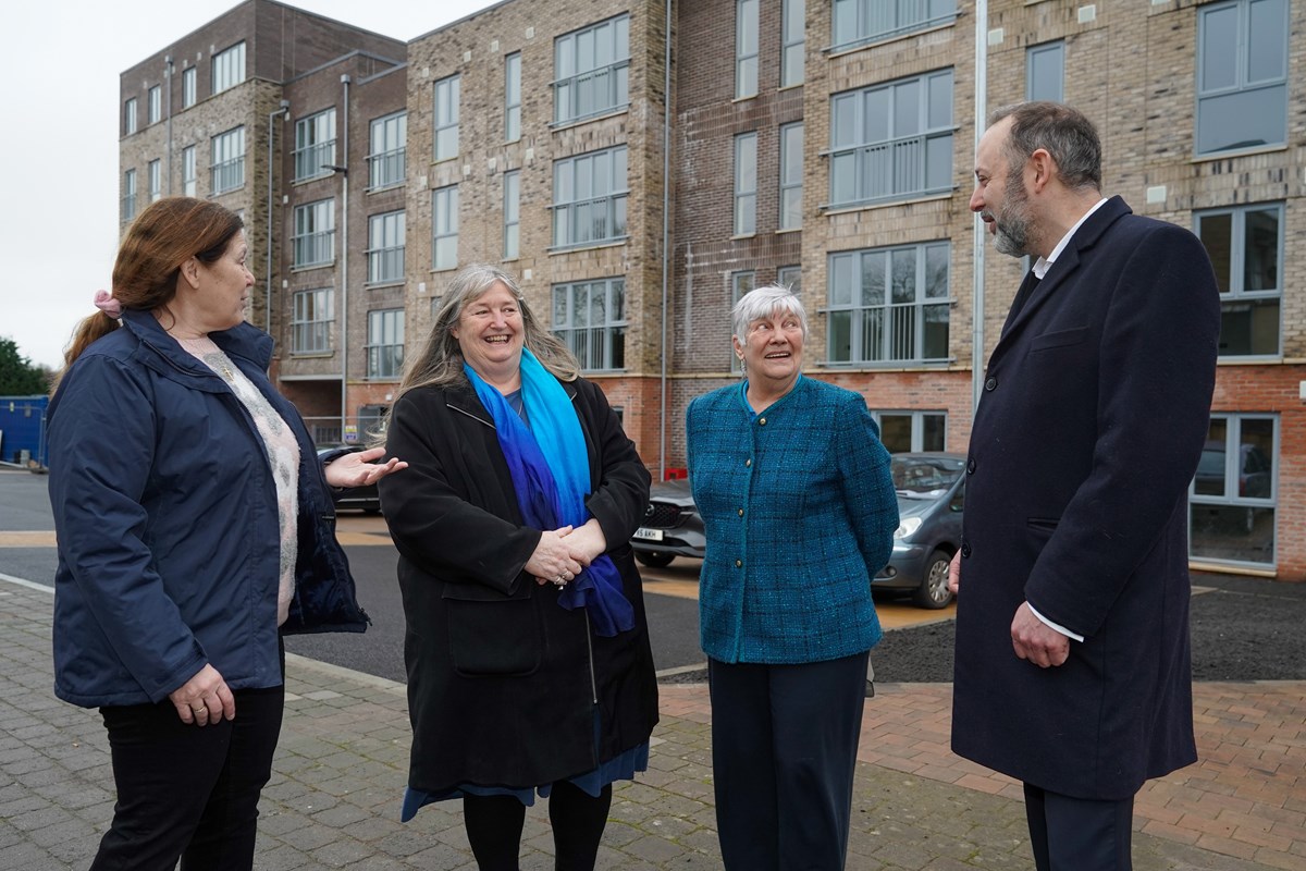 Left to right: Anne Hinchey, Chief Executive Wales & West Housing , Julie James, Minister for Climate Change, Cllr Lynda Thorne, Cardiff Council and Stuart Epps, Executive Director for Finance and Development, Wales and West Housing.