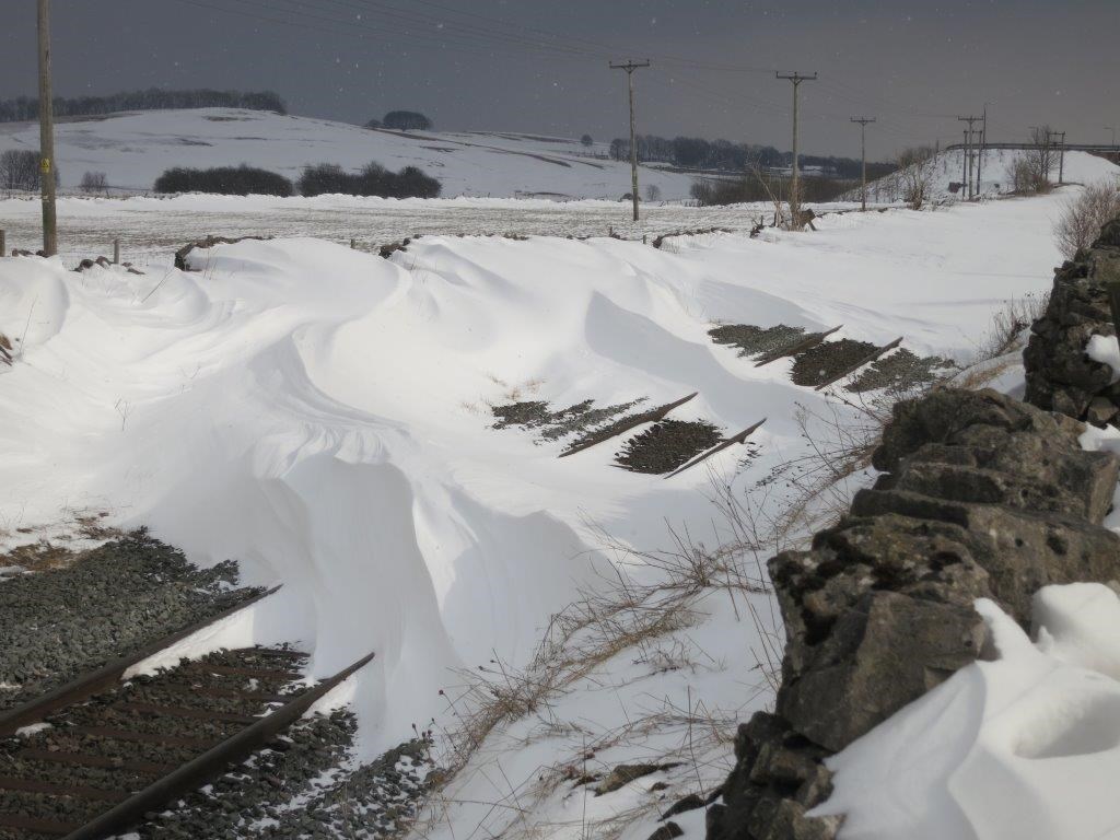 Snow covered railway - drifts: winter weather