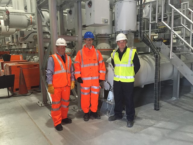 Neil Hancock, Network Rail; Jonathan Reynolds, MP for Stalybridge and Hyde; and Jonathan Heap, National Grid, at the new electricity substation in Stalybridge.