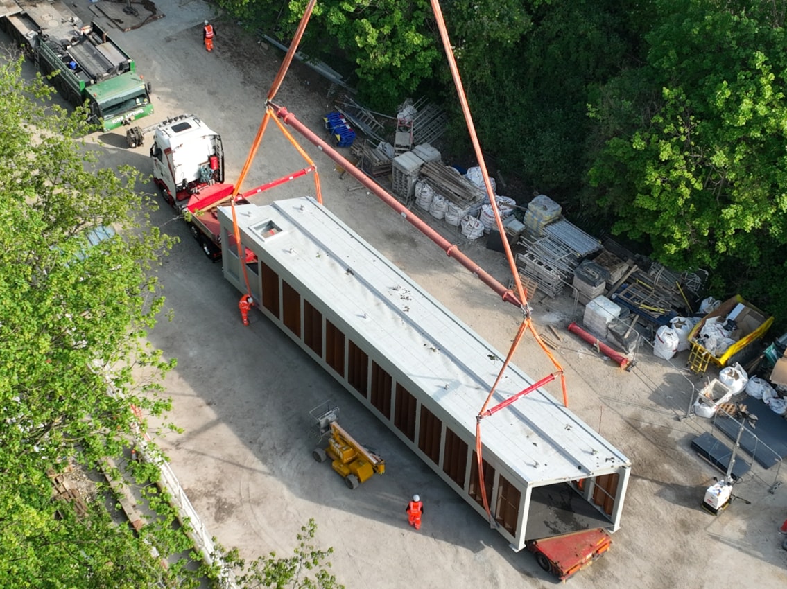 Footbridge section on low loader HGV