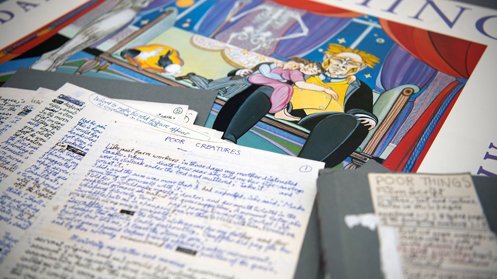 Early manuscripts of Poor Things in the hand of Alasdair Gray, as well as his artwork.
