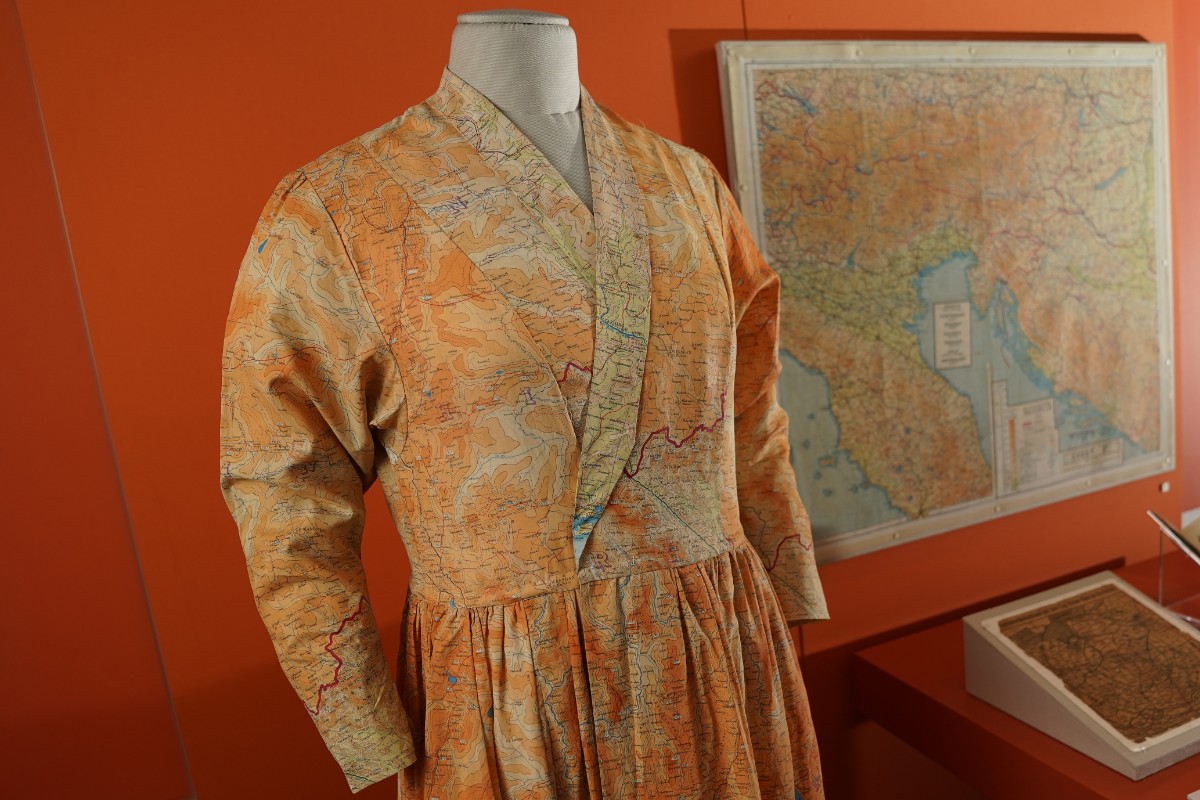 A silk dress made from escape and evade maps used during the Second World War, on loan from Worthing Museum and Art Gallery. Image © Stewart Attwood