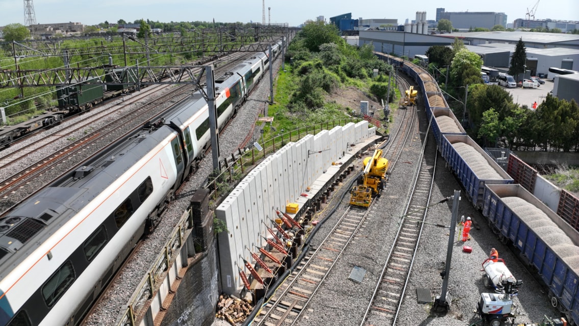 Railway and Euston reopen after bank holiday railway upgrades: Harlesden - Drone picture taken of earthworks scheme