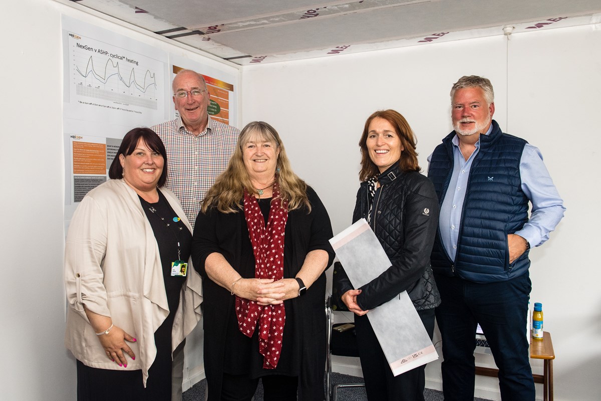 L-R Trisha Hoddinott - Melin Homes, David Leabeater - NexGen, Julie James - Minister for Climate Change, Paula Kennedy - Melin Homes, Ian Sanderson - NexGen