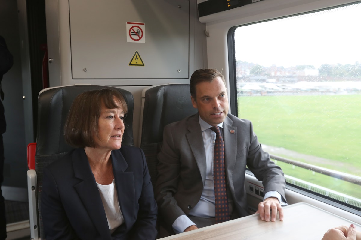 Cabinet Secretary for Economy, Transport and North Wales, Ken Skates with Secretary State of Wales, Jo Stevens on train