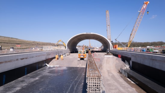 View looking north through what will become a green bridge built into the Bat Protection Structure April 2025