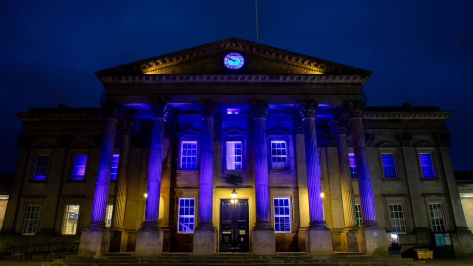 TransPennine Express (TPE) lights up the iconic Huddersfield Train Station in a vibrant blue in support of charity, Shine a Light and Neurofibromatosis Awareness Day 2