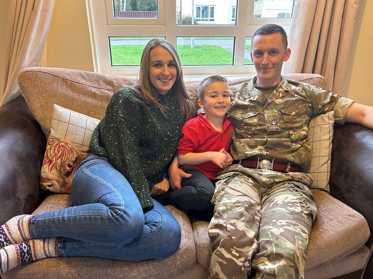 Major James Gill, Officer Commanding 53 Fd Sqn
39 Engineer Regiment, Kinloss Barracks, with his wife Amelia and their six-year-old son Oliver.