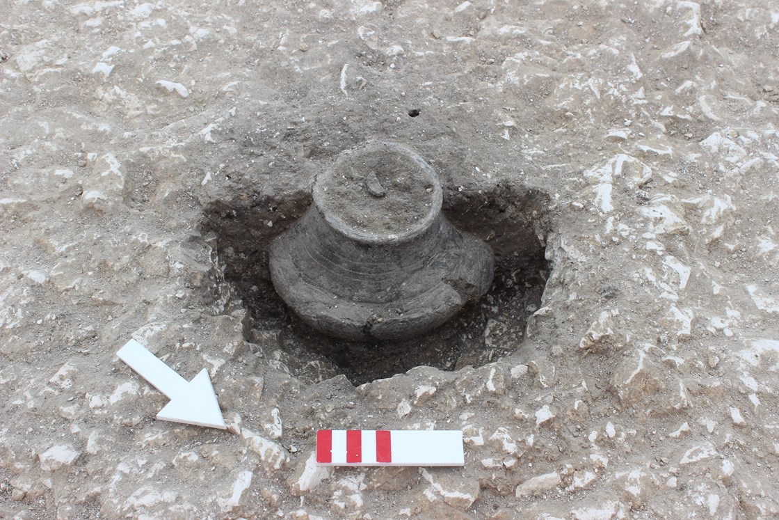 HS2 excavations of an Anglo Saxon burial ground in Wendover-6: Anglo Saxon pottery being excavated at a site in Wendover. 

Tags: Anglo Saxon, Archaeology, Grave goods, History, Heritage, Wendover, Buckinghamshire