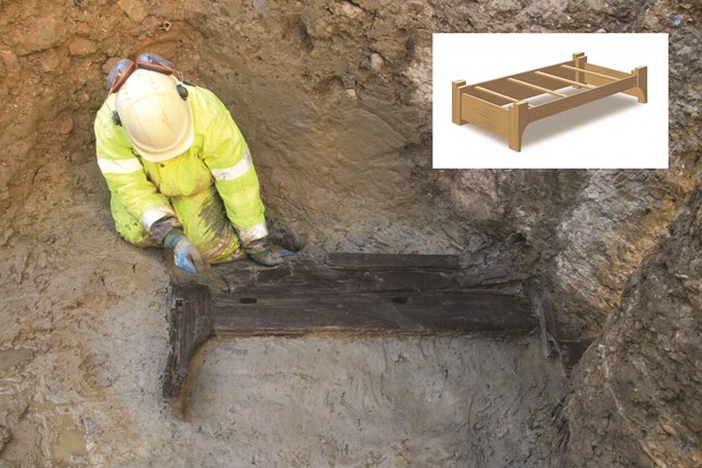Composite image of the funerary bed being excavated and a reconstruction ©MOLA