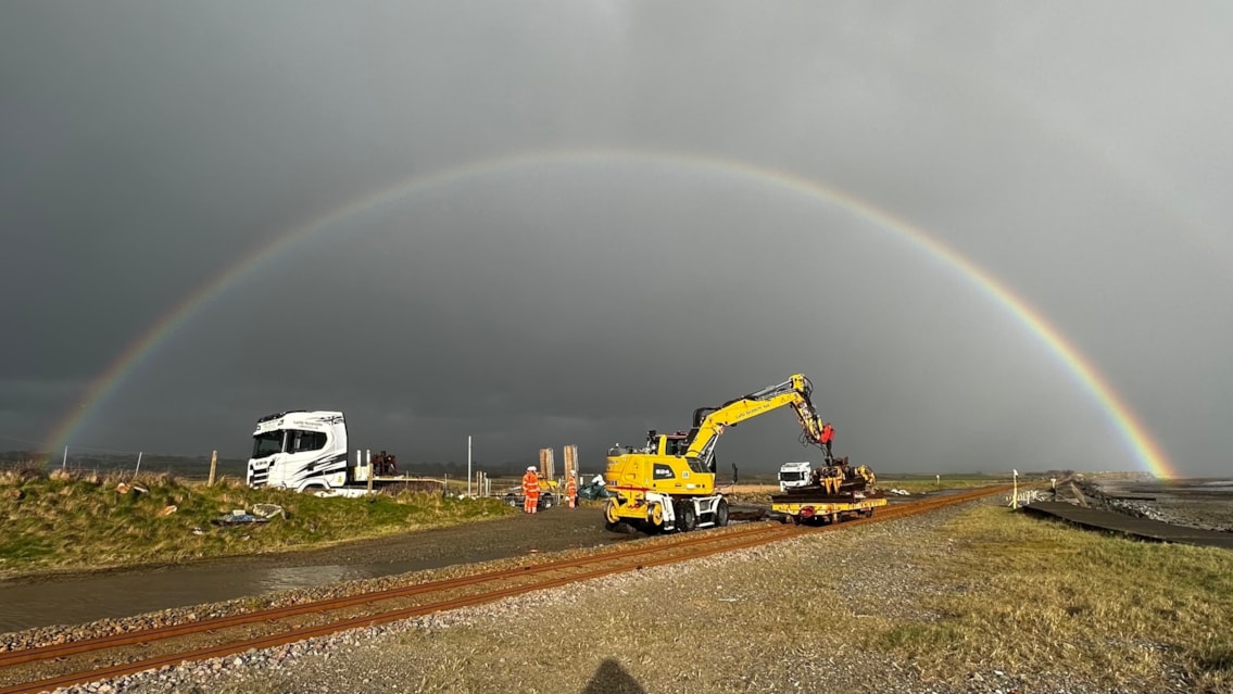 Cambrian Coast Line reopens after major track upgrade to boost resilience for the future: Cambrian line track renewal rainbow Feb 2026