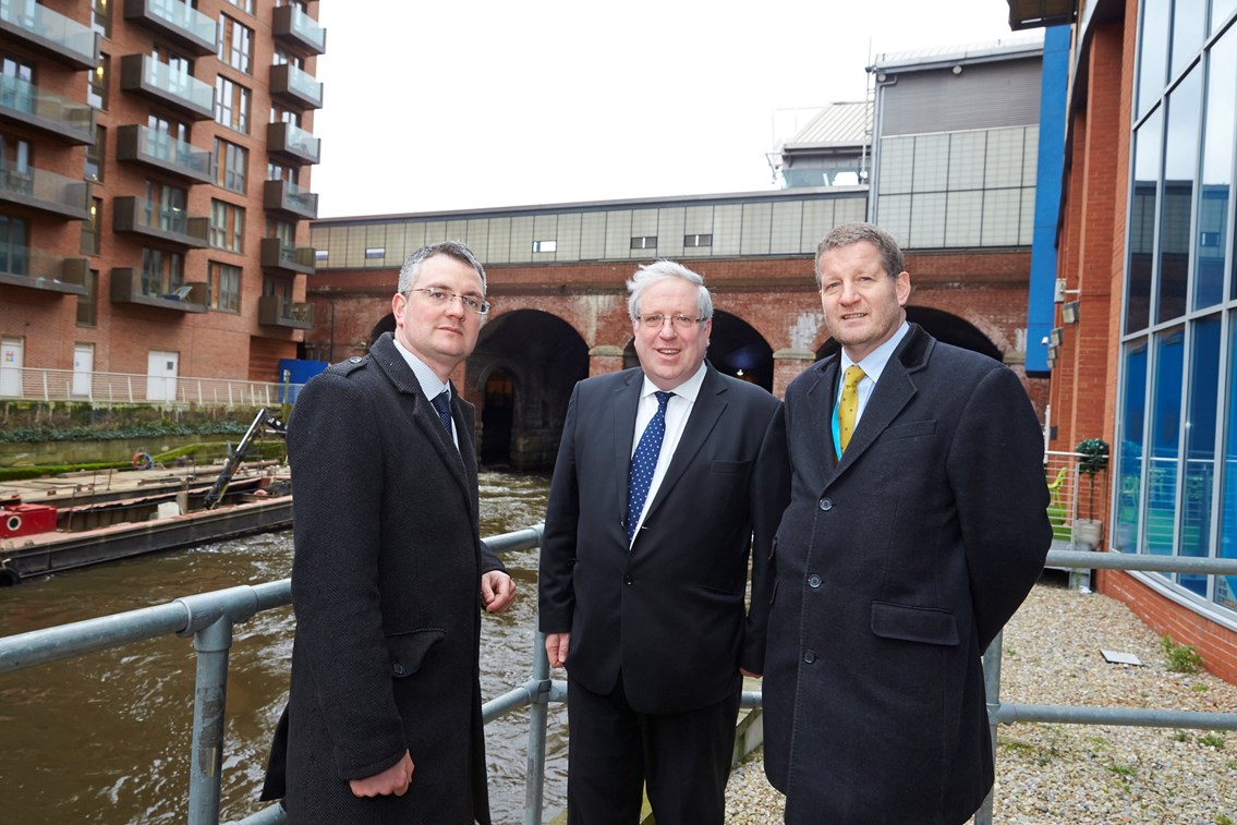 Secretary of State visits start of work at Leeds Station Southern Entrance: Secretary of State for Transport, Rt. Hon. Patrick McLoughlin MP (centre) with Phil verster, Route Managing Director, Network Rail (right) and Metro Chairman Cllr James Lewis (left)