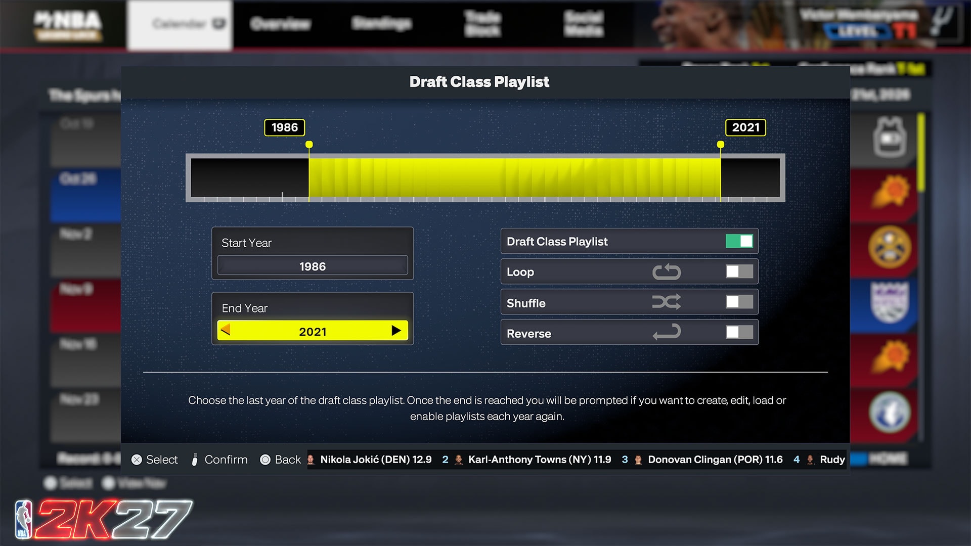 NBA 2K27 Draft Class Playlist menu showing a 1986 to 2021 range
