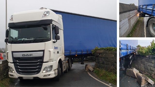 Lorry wedged on railway bridge for five hours causes delays to passengers: Composite of Burrow Road bridge strike in Galgate