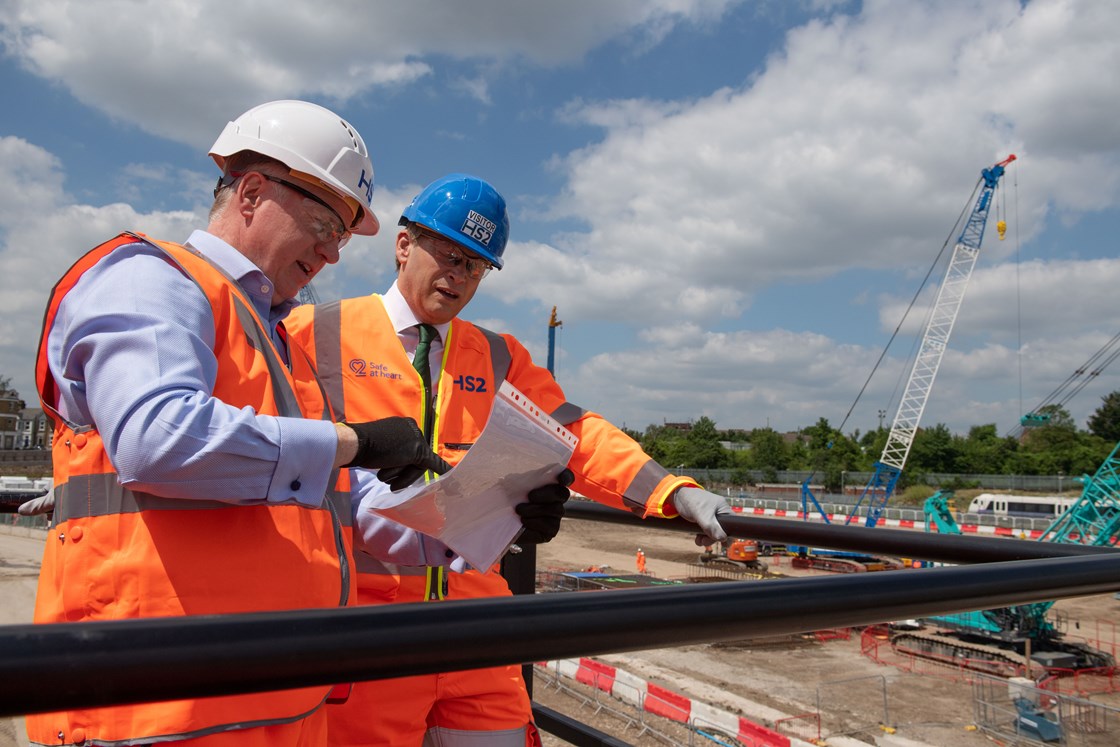 Old Oak Common Start of construction work: Transport Secretary Grant Shapps meets Mark Thurston and Matthew Botelle before signaling the start of main construction work on HS2's Old Oak Common station