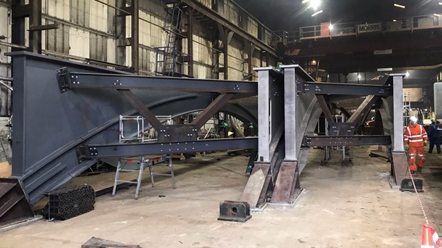 No Buxton to Hazel Grove trains during historic railway bridge repairs: Replica steelwork in test position in factory copy