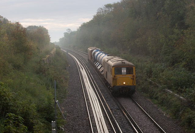 A rail head treatment train in the mist outside Whitstable: A rail head treatment train in the mist outside Whitstable