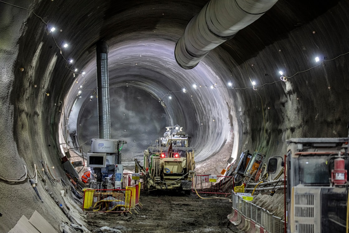 Sprayed concrete lined tunnel from where Euston TBM Karen will launch to construct HS2's Euston Tunnel: Old Oak Common station box