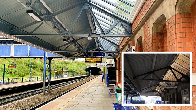 Edwardian era station improved for 21st century Chiltern passengers: Gerrards Cross station upgrade new vs old (inset)