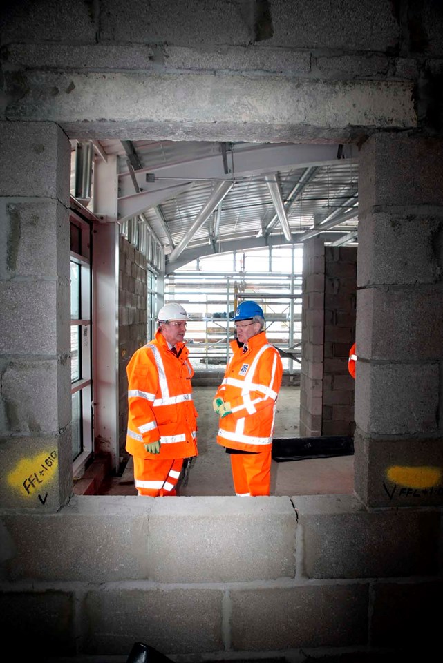 Bathgate Station site visit _3: Ron McAulay, Network Rail director, Scotland and Stewart Stevenson MSP, Transport Minister, pay a visit to the site of the new Bathgate Station to view progress. The station will open on 18 October, with the new Airdrie-Bathgate line opening in full on 12 December