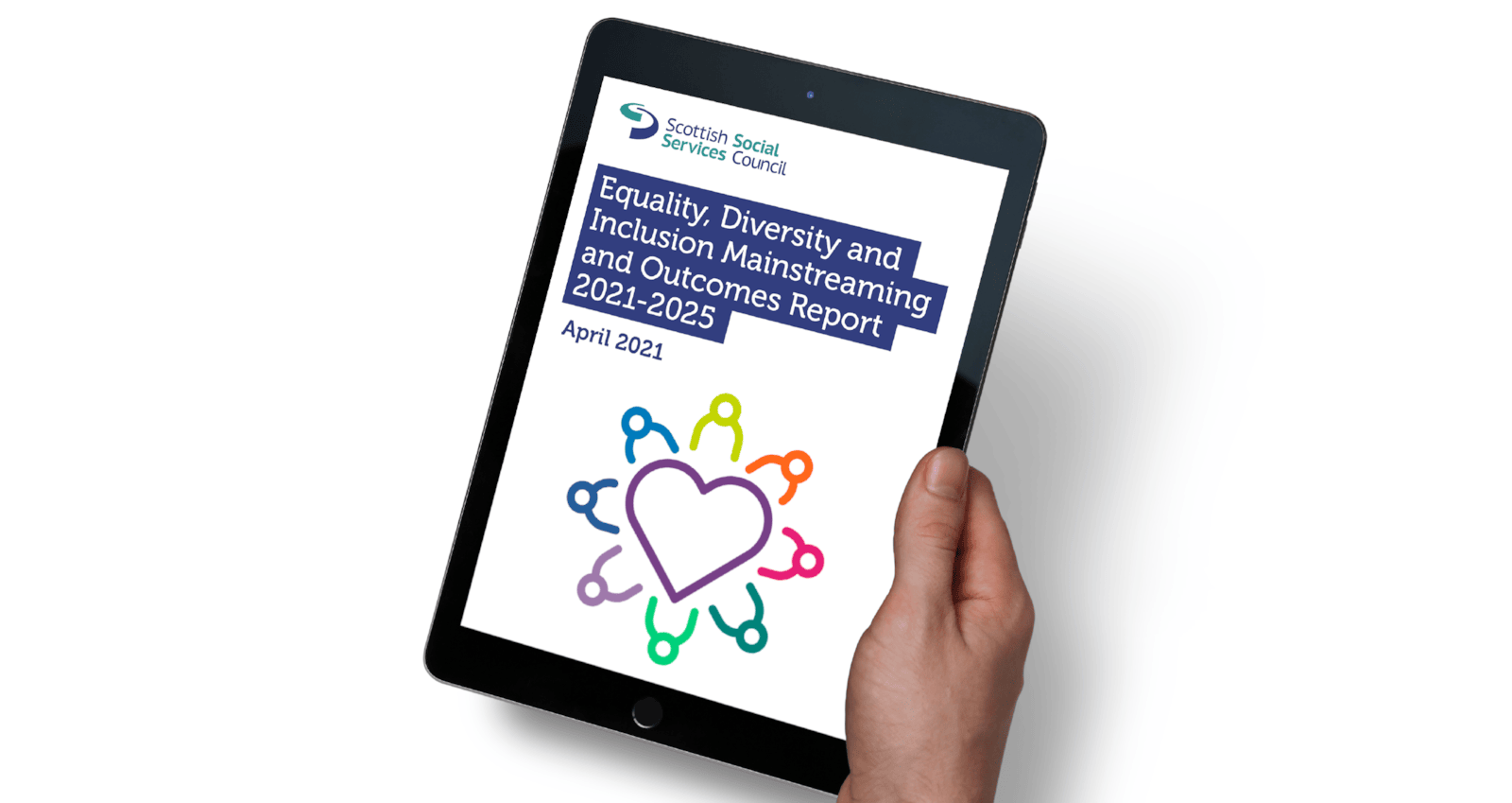 Equalities Mainstreaming Report (image): Equalities Mainstreaming Report cover image shown on a tablet screen.
