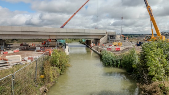 View of the Oxford Canal viaduct under construction from the nearby Bridge 128 Sept 2026