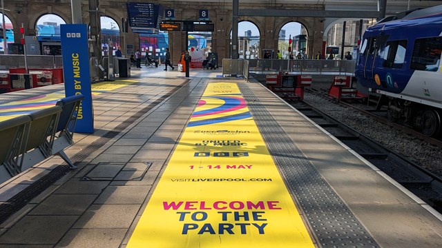 Liverpool Lime Street Eurovision branding on platform 9: Liverpool Lime Street Eurovision branding on platform 9