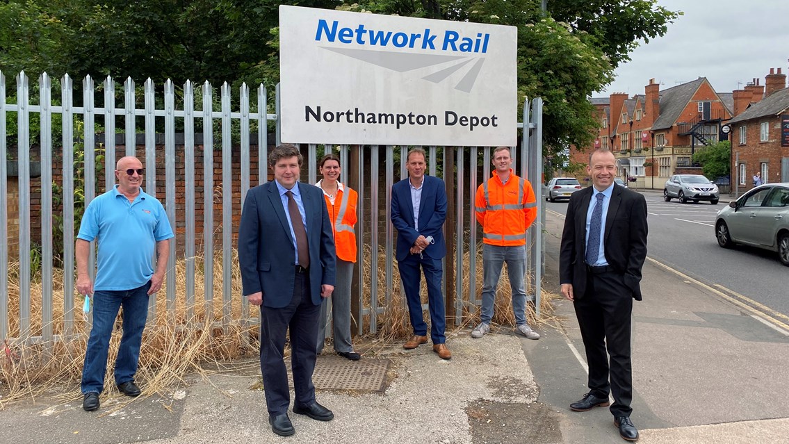 Major investment into Northampton railway depot of the future: Group shot of Chris Heaton-Harris MP opening Northampton depot