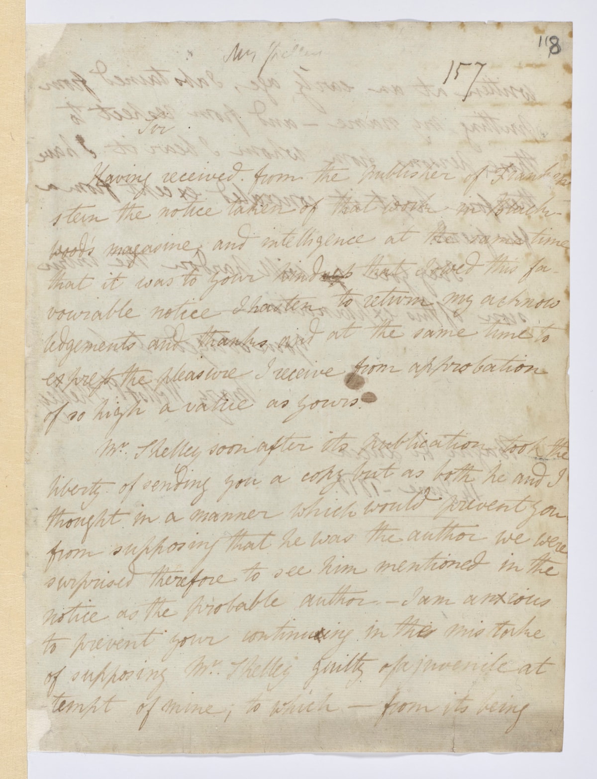 Letter of Mary Shelley to Sir Walter Scott on the authorship of ‘Frankenstein’, 14 June 1818
