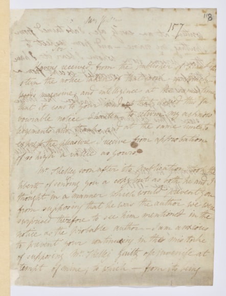 Letter of Mary Shelley to Sir Walter Scott on the authorship of ‘Frankenstein’, 14 June 1818