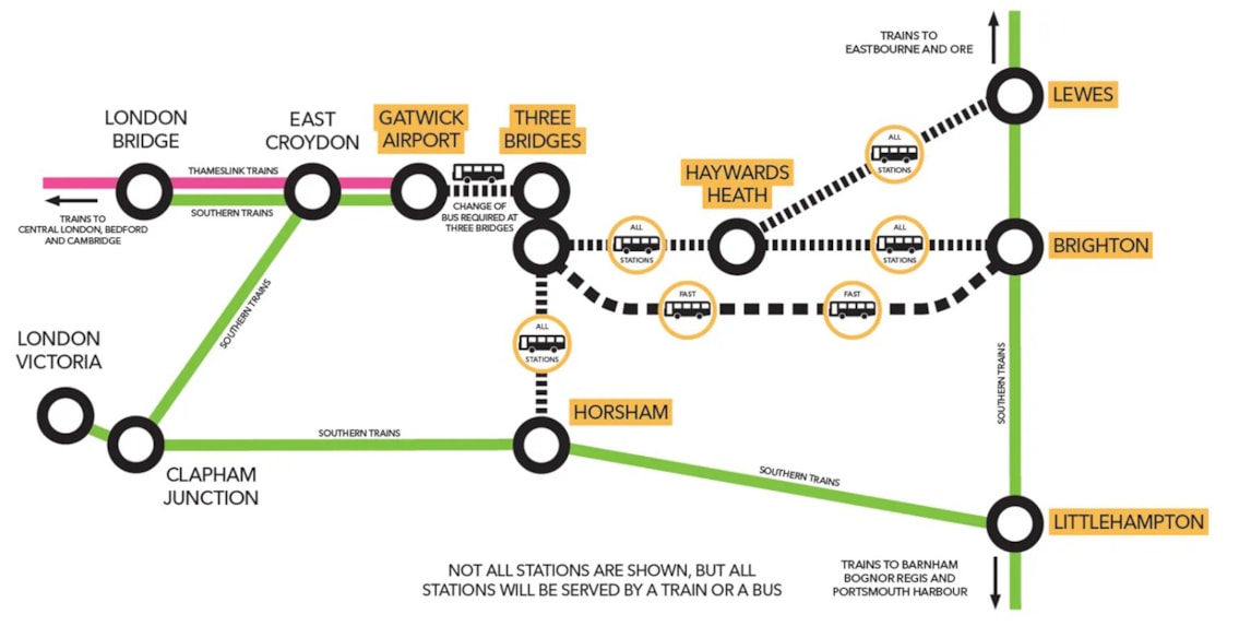 Southern, Thameslink and Gatwick Express passengers urged to plan ahead as buses replace trains between Gatwick Airport and and Brighton, Hove, Lewes or Horsham on Sunday 30 November: 30 November 2025 disruption map