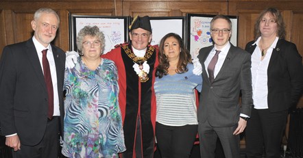 (from left): Islington North MP Jeremy Corbyn; Islington Council's Migrant Champion, Cllr Sue Lukes; Islington Mayor Dave Poyser; speaker Tracey Moses, daughter of Holocaust survivor Harry Spiro; Cllr Richard Watts, Leader of Islington Council; Tessa Havers-Strong, Camden and Islington LGBT Forum.