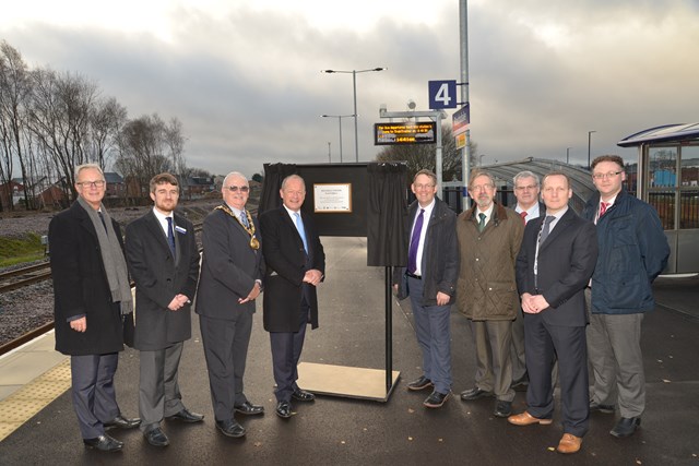 Rail minister Paul Maynard officially opening the new platform 4 at Rochdale station: Paul Maynard(5th from the right) with Rochdale MP Simon Danczuk(4th from left) and representatives from Rochdale council and Network Rail