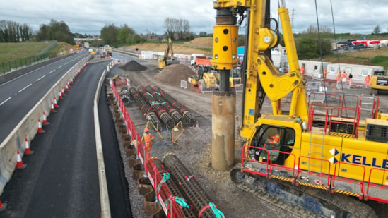 HS2 begins foundation works for key A43 bridge: Piling rig at work on the site of the A43 overbridge April 2024