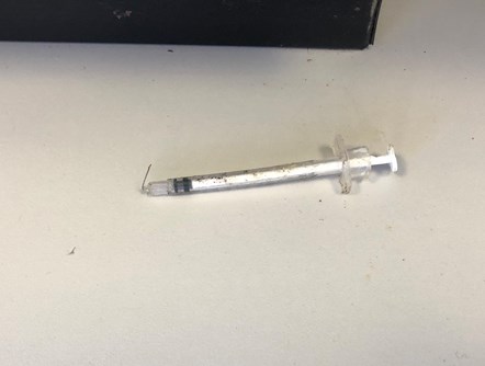 One of the needles found at Moray Council's Materials Recovery Facility in Lossiemouth, which is operated by Moray Reach Out.: Residents urged to dispose of used needles responsibly after injury at recycling centre