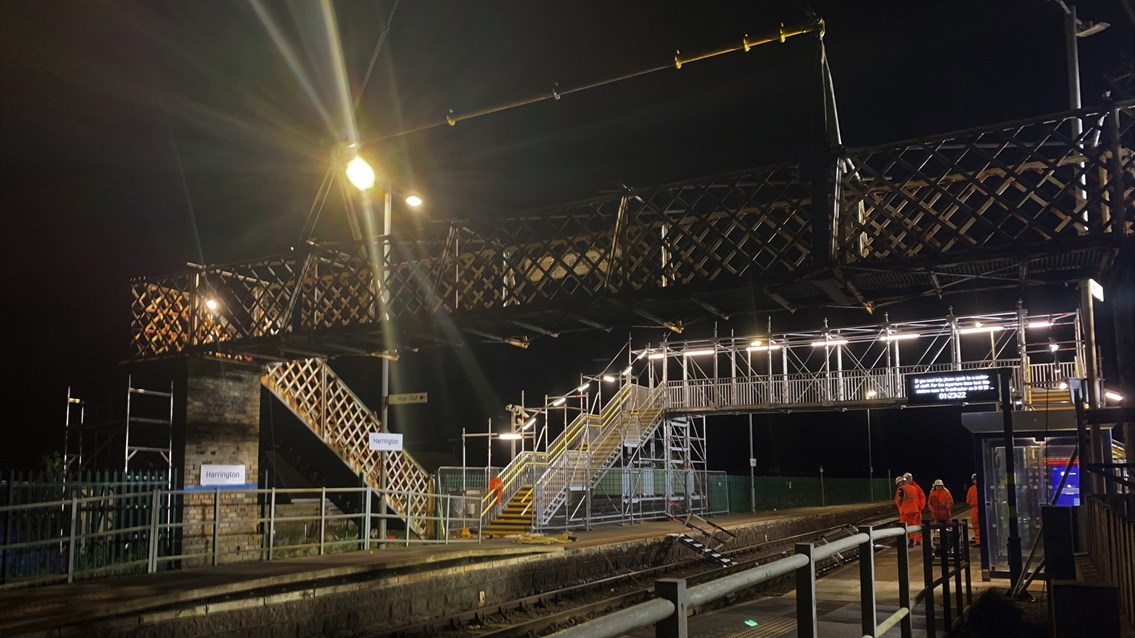 Harrington station footbridge and the temporary footbridge