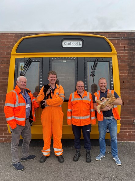 Image shows (left to right) Northern colleagues Simon Crabtree, Matt Lodge with Max the cat, Gary Pennington and Steve Gordon with Ginge the cat