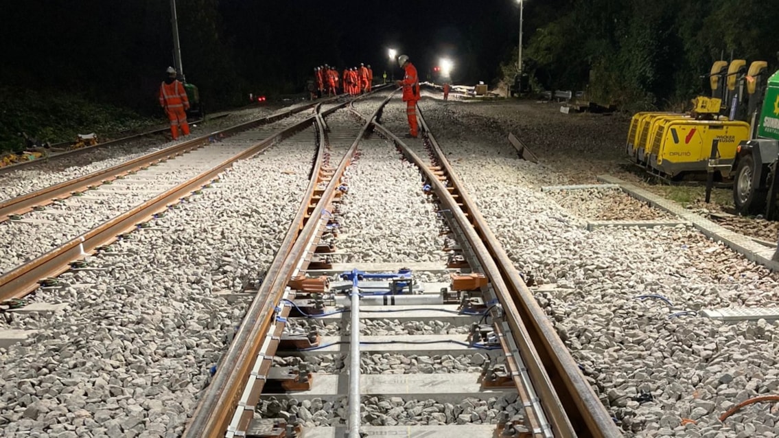 Network Rail engineers installing new equipment overnight at Knighton Junction