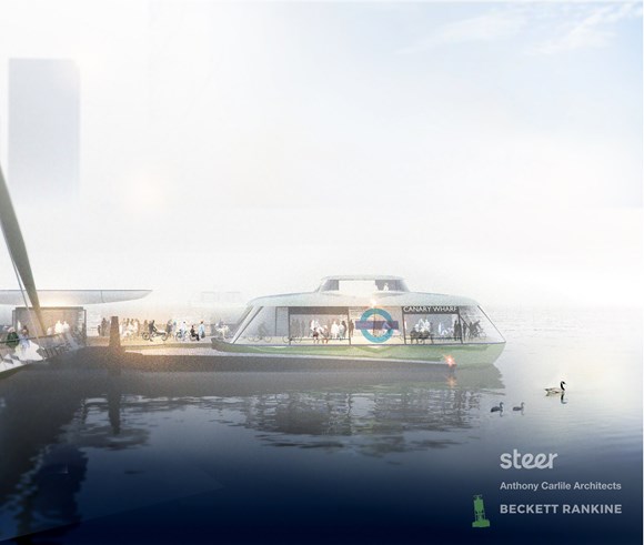 TfL Press Release - TfL embarks on design work for green ‘turn up and go’ ferry service between Rotherhithe and Canary Wharf: TfL Image - Rotherhithe to Canary Wharf artist impression