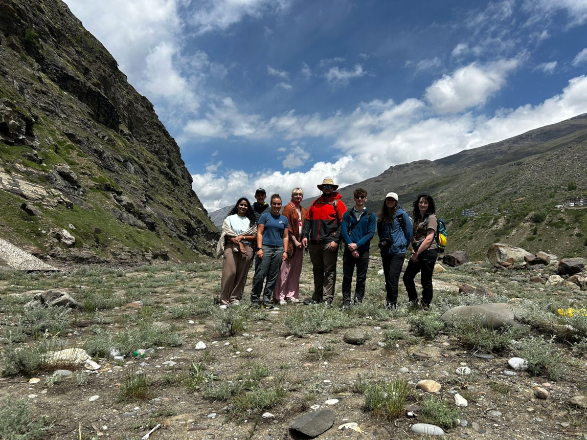 University of Cumbria and University of Delhi students, in Himachal Pradesh, during their Turing Scheme supported visit to the Indian Himalayan Region
L-r: Saransh (University of Delhi) and Cumbria's Reuben Hibbert, Hannah Wright, Alice Wears, Tom Rainford, Ethan Baxter, Megan Richards, Katie MacDon