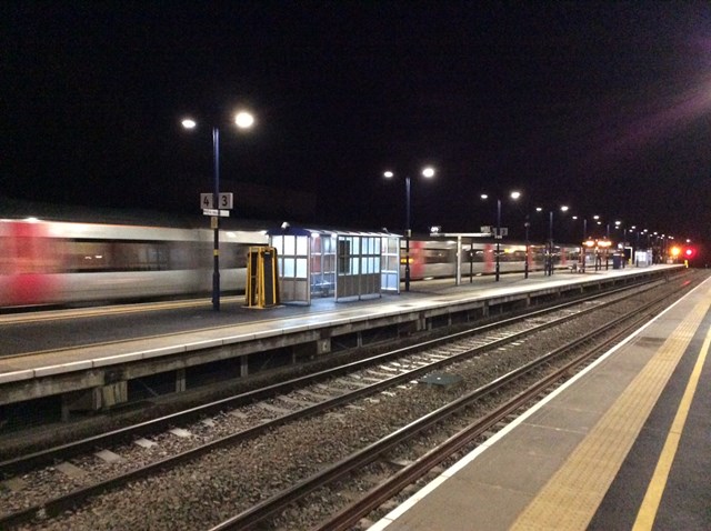 First CrossCountry train through new Platform 4 at Bromsgrove 7 November 2016