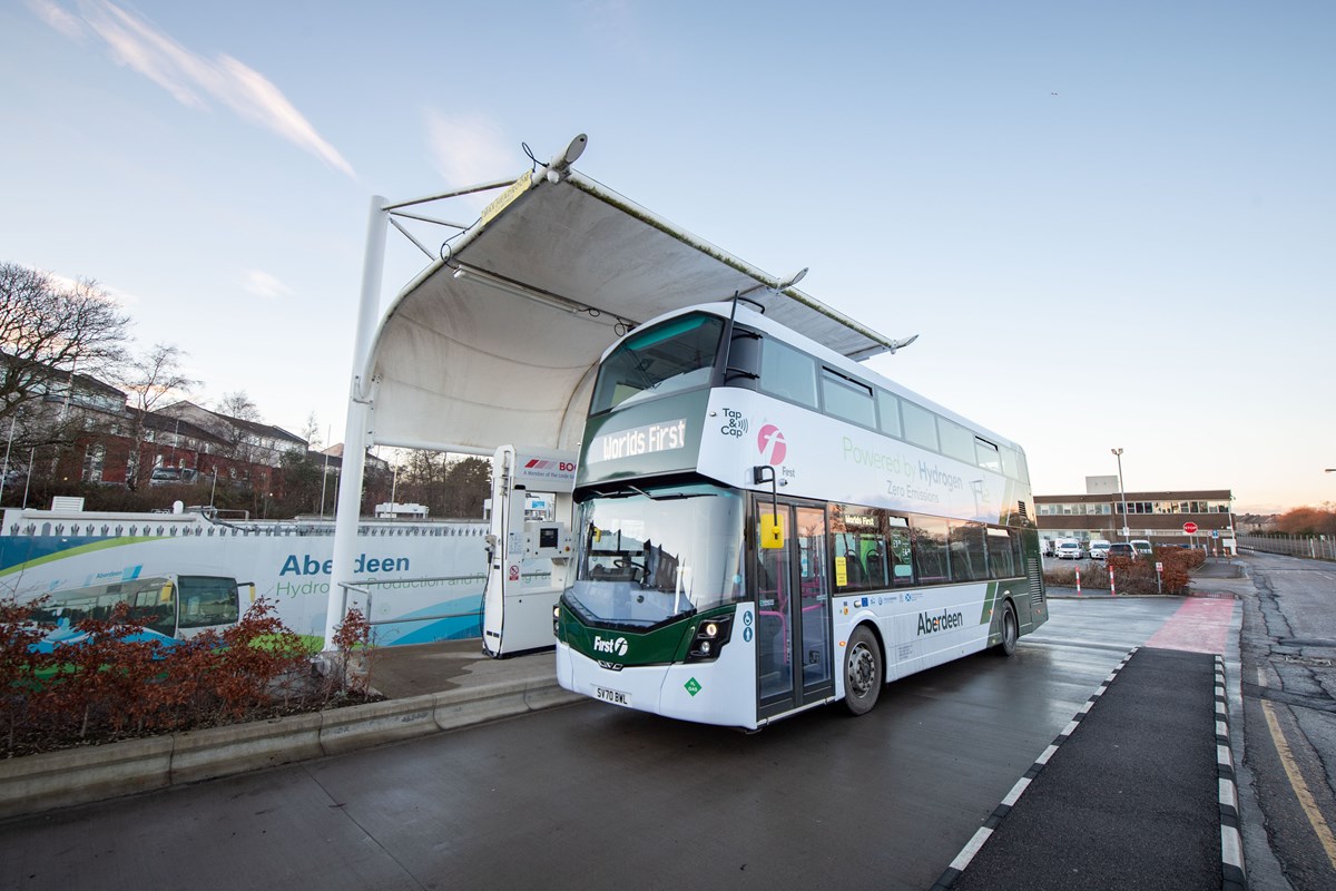 First Aberdeen's world first Hydrogen Double Decker recharging at Kitty Brewster