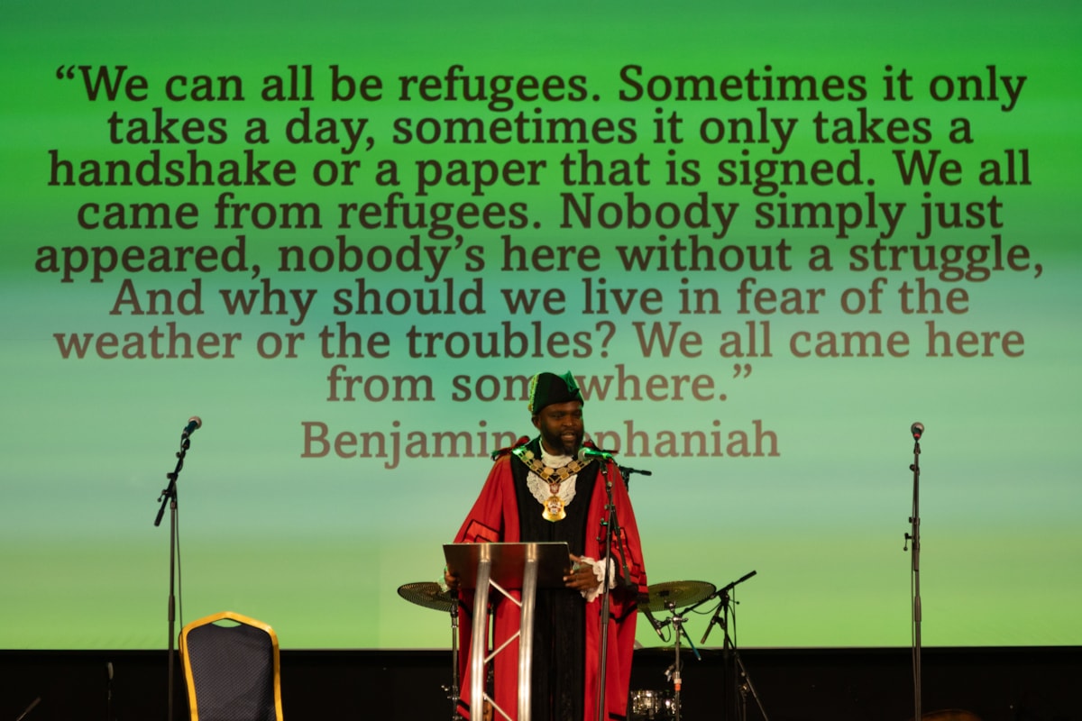 Mayor of Islington, Cllr Jason Jackson speaking at the celebratory Refugee Week event