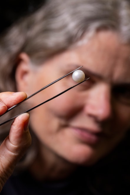 Dr Rachel Walcott, Principal Curator of Earth Systems at National Museums Scotland with the Abernethy Pearl. Image copyright Duncan McGlynn (1)